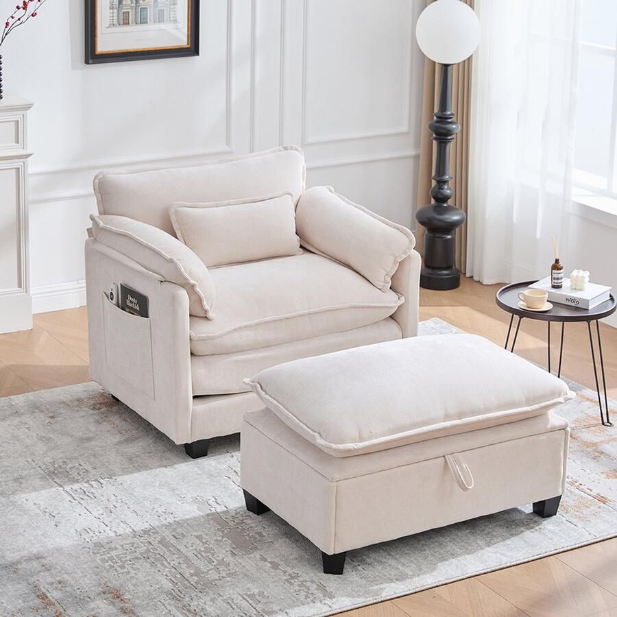 BLACKCOLORS Moderne oversized fauteuil met voetensteun en voetenbank fluwelen loungefuteuil met zijvakken en kussens comfortabele leesfauteuil voor de woonkamer slaapkamer en appartement