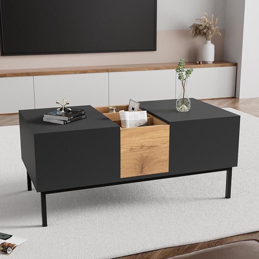 KOMHTOM Salontafels Moderne salontafel met verstelbaar tafelblad Zwartgrijs en houtlook in hoogte verstelbaar flexibel en veelzijdig 100 x 50 cm