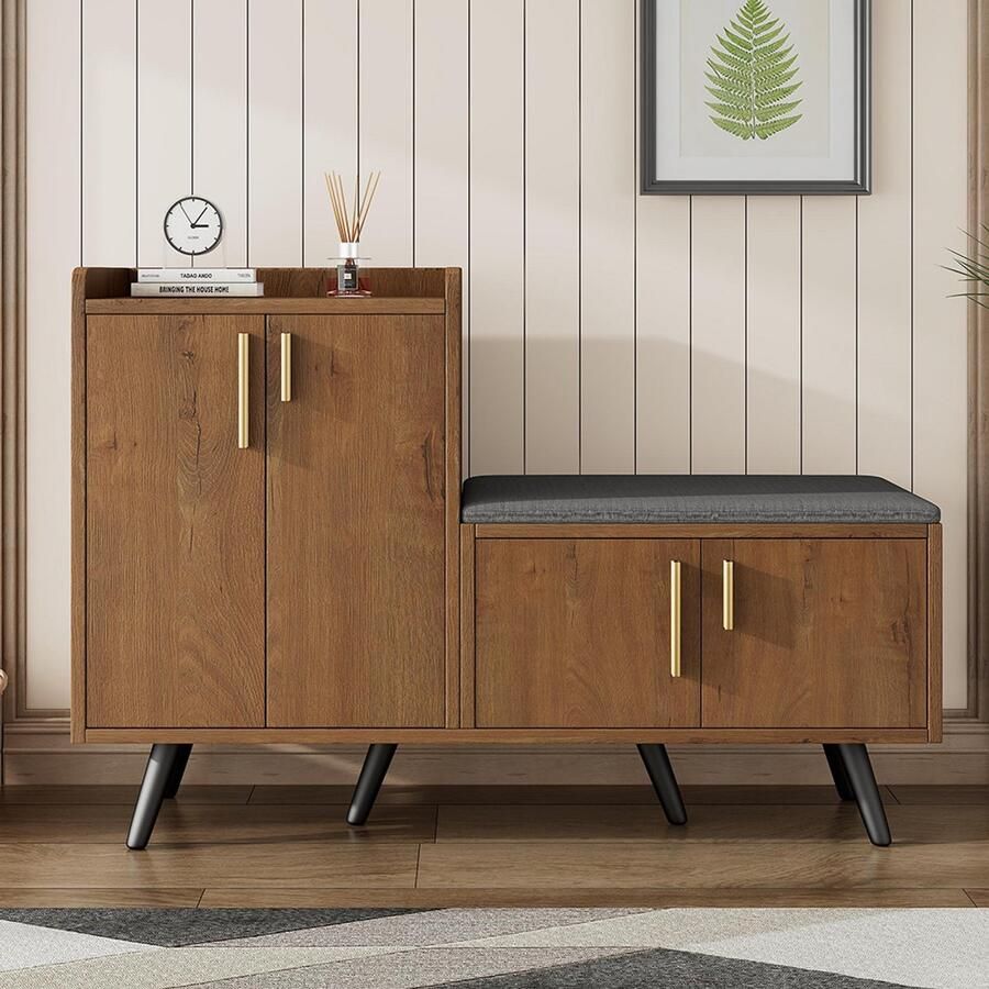 BLACKCOLORS Moderne schoenenkast met houtnerf schoenenkast met vier opbergdeuren en asymmetrische metalen handgrepen L120 P34 H82