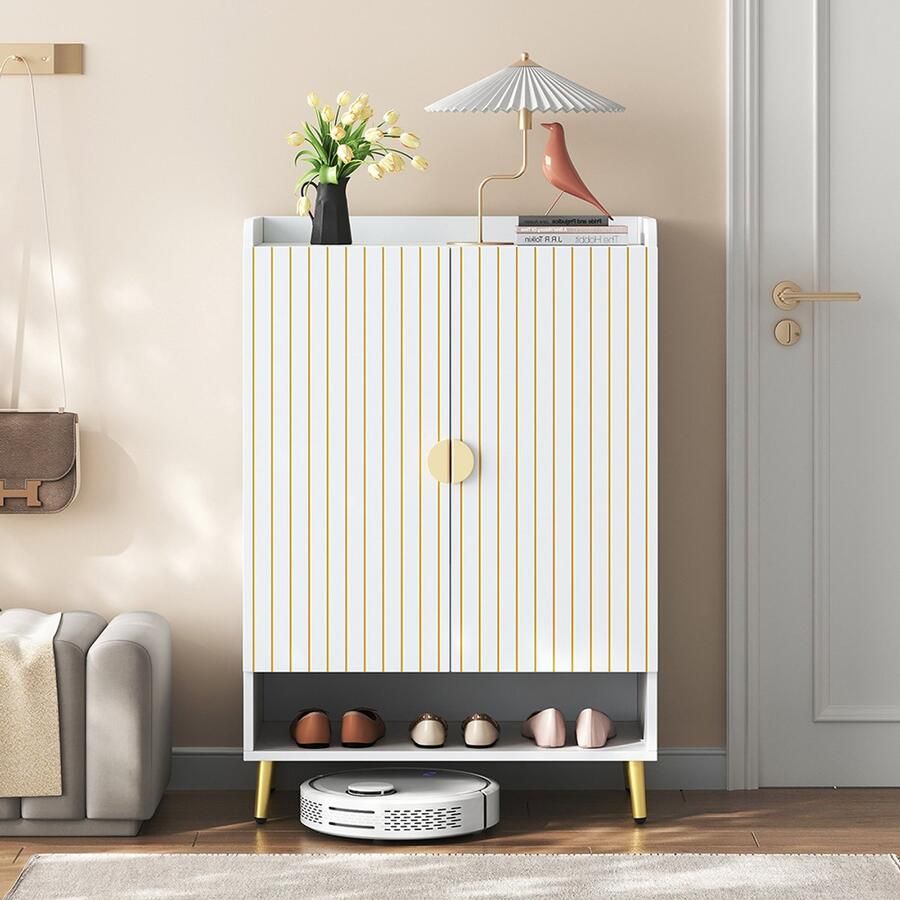 BLACKCOLORS Moderne schoenenkast met twee deuren halmeubel opbergmeubel schoenenkast van MDF schoenenkast met 3 niveaus wit open onderste lade 75*35*105 cm draagvermogen 20 kg