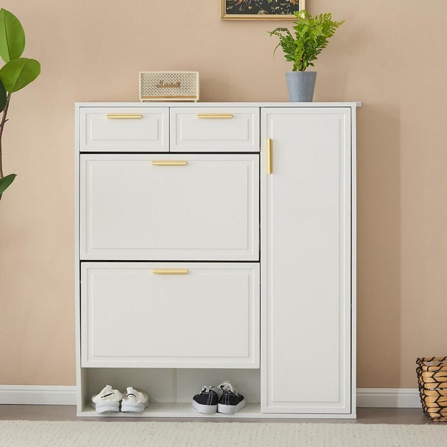 Pugsdrly Moderne schoenenkast met verstelbare planken gouden handgrepen lades opklapbare schoenenkast en deuren wit L95 P24 H1075