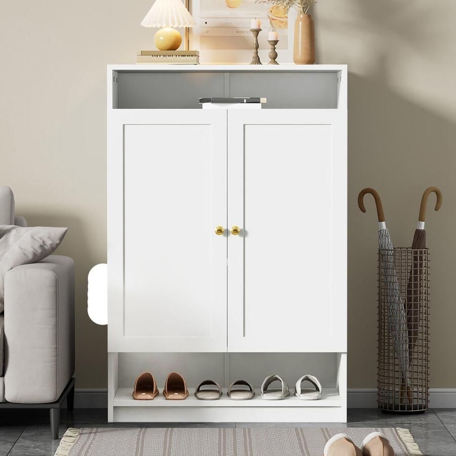 BLACKCOLORS Moderne schoenenkast met verstelbare planken gouden handgrepen schoenenkast met 2 deuren wit B73 D34 H109