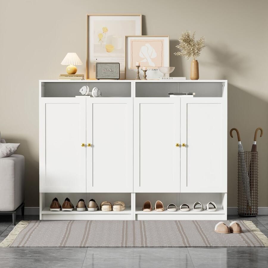 BLACKCOLORS Moderne schoenenkast met verstelbare planken gouden handgrepen schoenenkast met 2 deuren wit B146 D34 H109