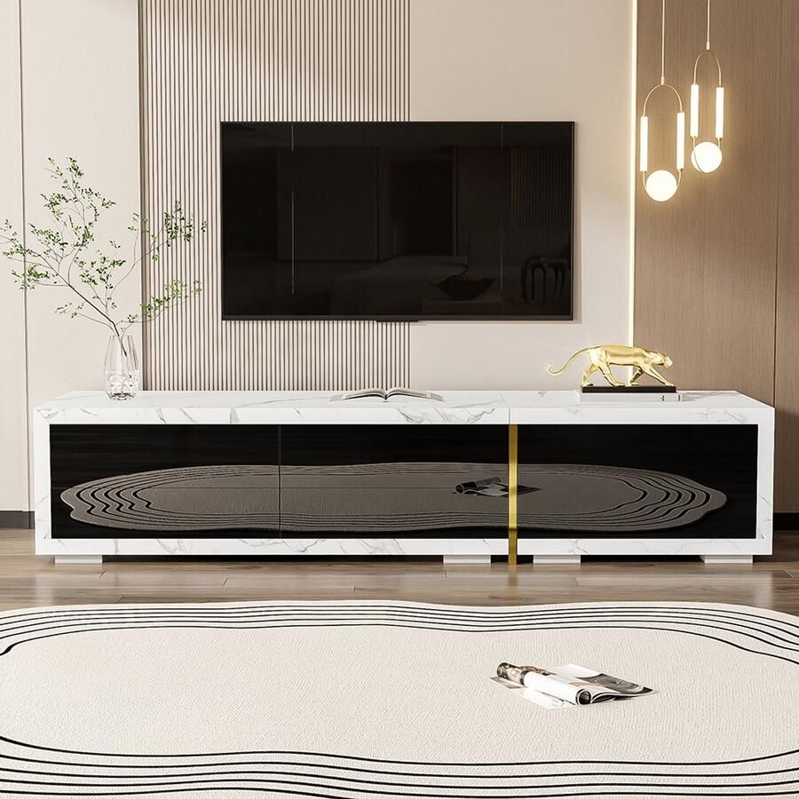 BLACKCOLORS Moderne tv-meubel met variabele lengte (140-260 cm) draaifunctie wit marmerlook matzwarte afwerking en gouden versieringen