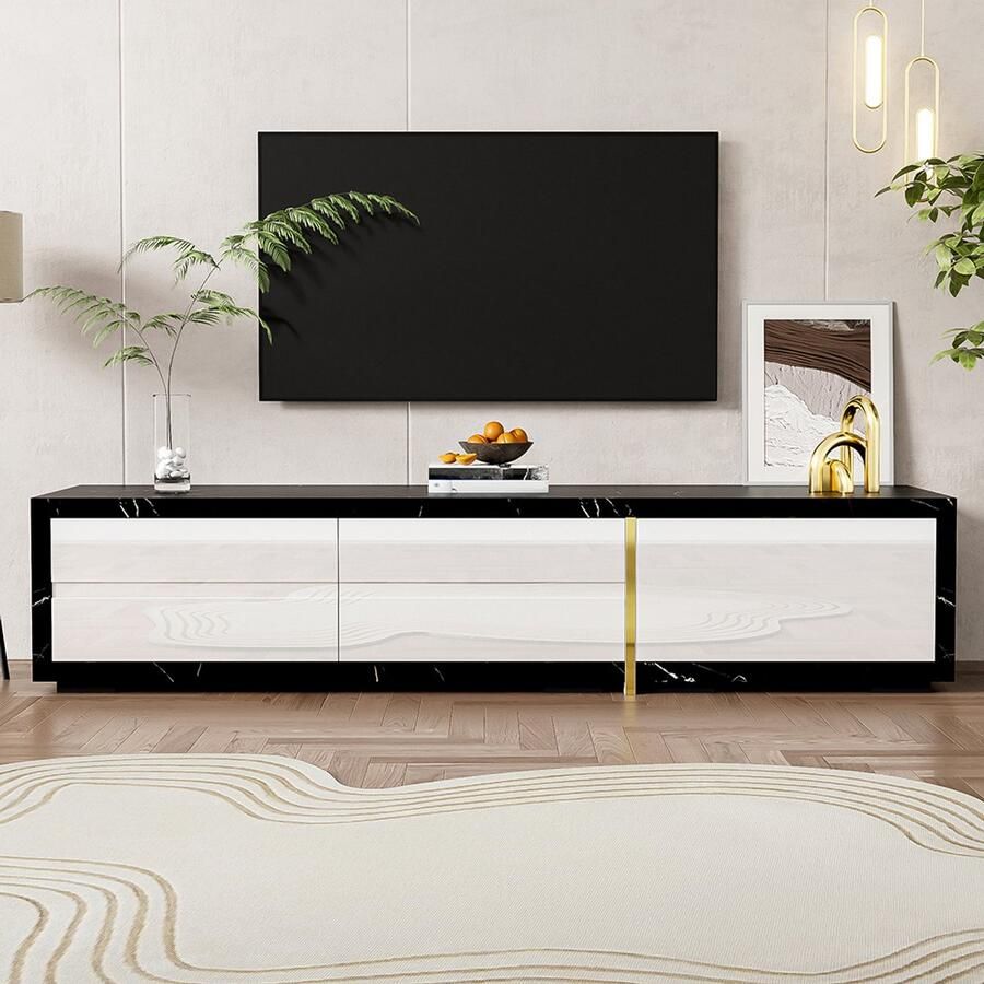 BLACKCOLORS Moderne tv-meubel met variabele lengte (140-260 cm) draaifunctie zwart marmerlook matzwarte afwerking en gouden versieringen