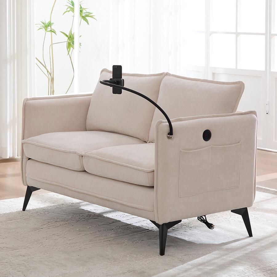 BLACKCOLORS Moderne tweezitsbank Kleine stoffen bank Fauteuil met opbergruimte Zijvak + verstelbare houder voor mobiele telefoon Geschikt voor de woonkamer slaapkamer het balkon