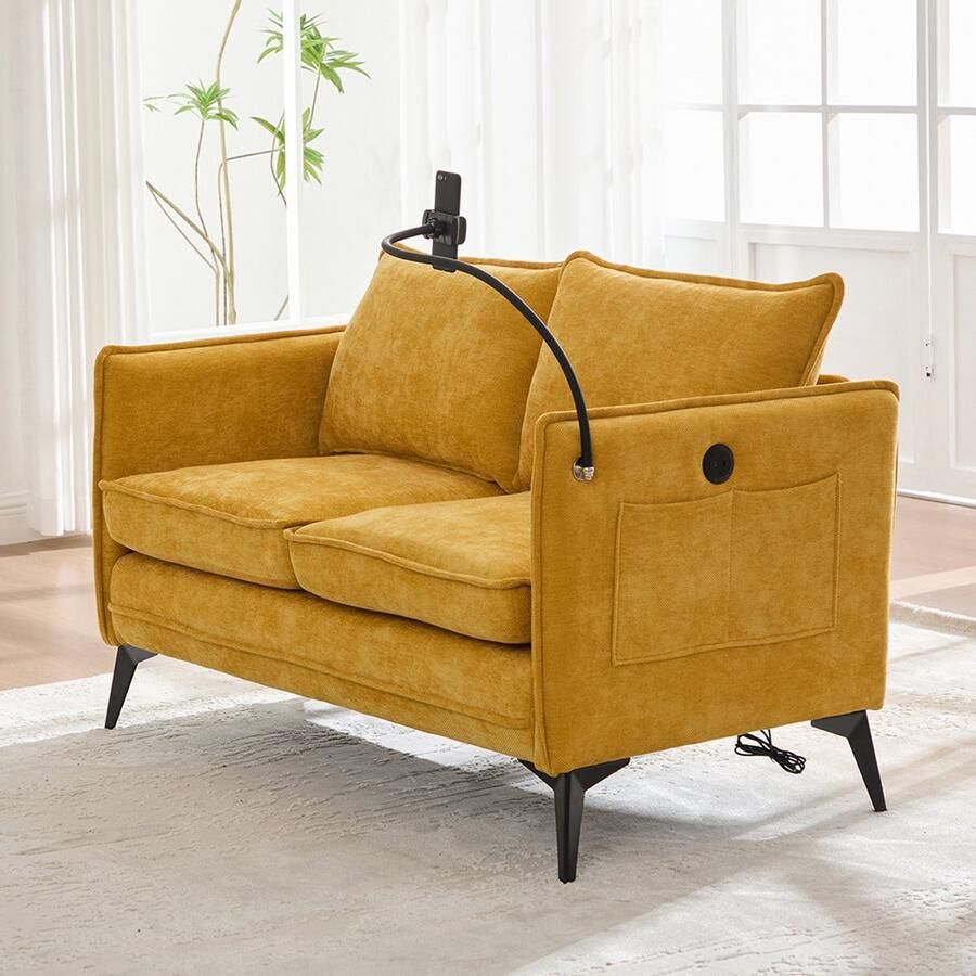 BLACKCOLORS Moderne tweezitsbank Kleine stoffen bank Fauteuil met opbergvak aan de zijkant + verstelbare houder voor mobiele telefoon Geschikt voor de woonkamer slaapkamer het balkon