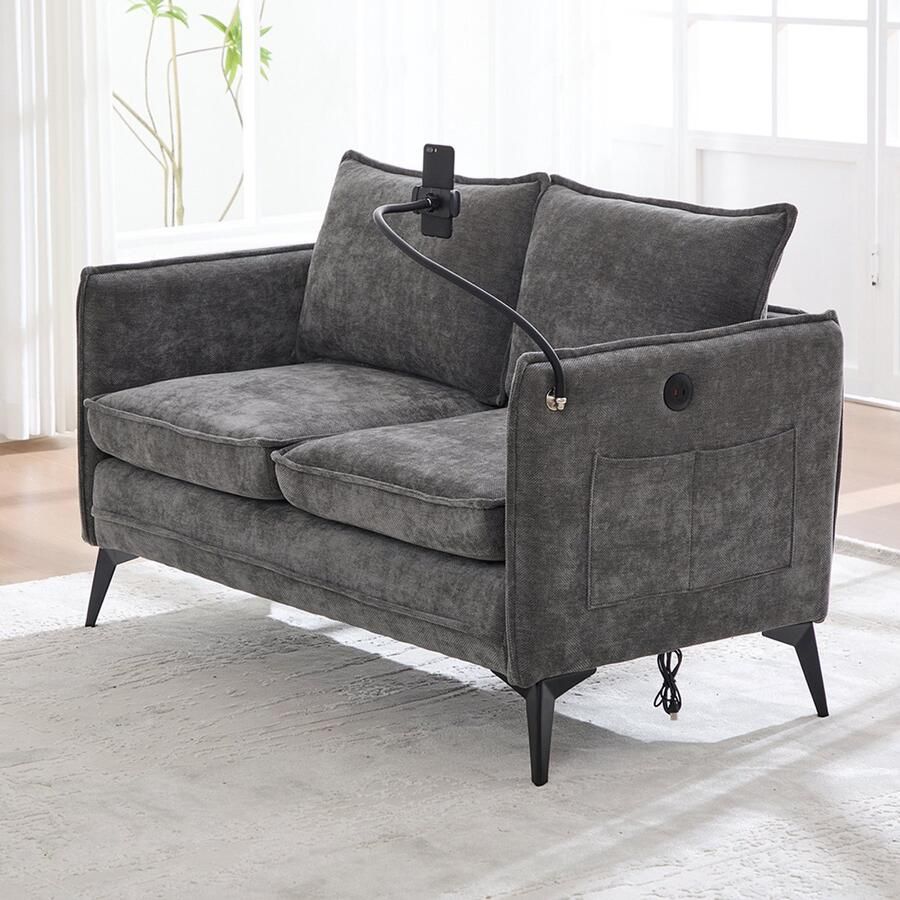 BLACKCOLORS Moderne tweezitsbank Kleine stoffen bank met opbergvak aan de zijkant + verstelbare houder voor mobiele telefoon Geschikt voor de woonkamer slaapkamer het balkon