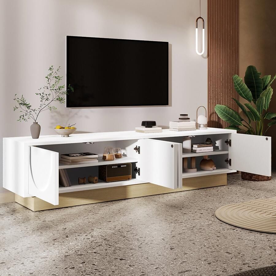 BLACKCOLORS Moderne witte tv-meubel met houtnerf – 175 cm – minimalistisch en gebogen design – voldoende opbergruimte en kabelbeheer