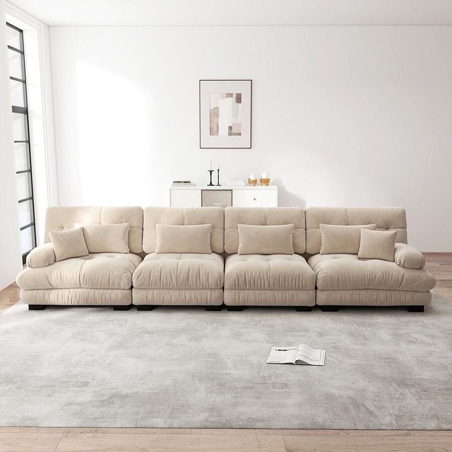 Pugsdrly Modulaire hoekbank met 4 zitplaatsen en diepe zitting comfortabel gestoffeerde slaapbank van chenille voor woonkamer appartement studio kantoor lichtbruine chenille