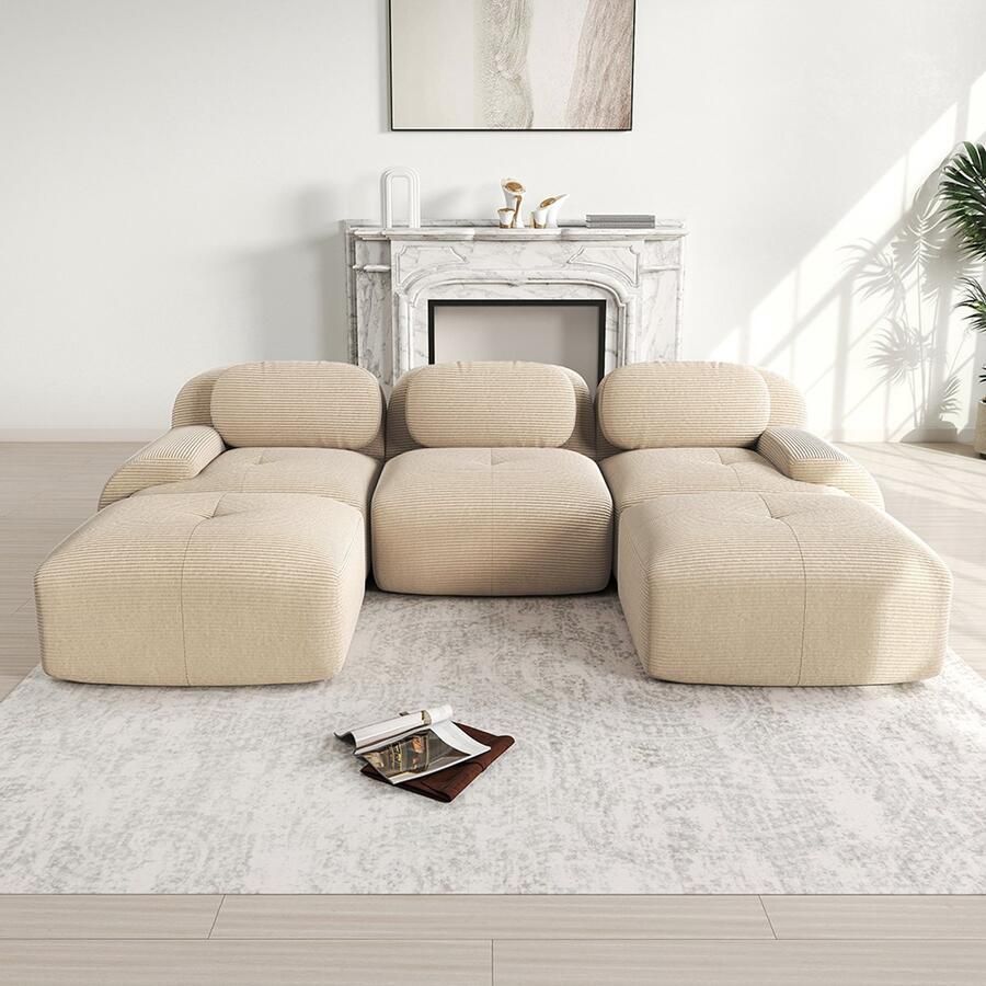 BLACKCOLORS Modulaire U-bank van hoogwaardig corduroy zonder montage antislip en geschikt voor huisdieren extra brede armleuningen zeer elastische 32D-vulling voor woonkamer slaapkamer en kantoor beige