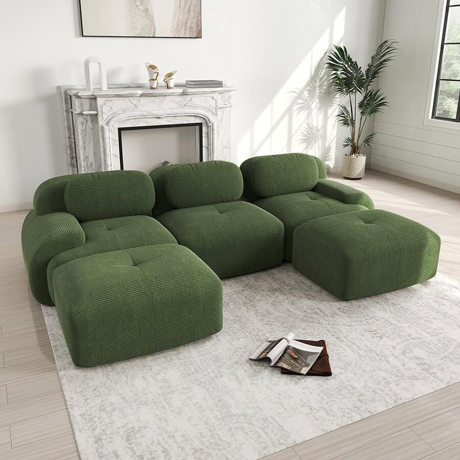 BLACKCOLORS Modulaire U-bank van hoogwaardig corduroy zonder montage antislip en geschikt voor huisdieren extra brede armleuningen zeer elastische 32D-vulling voor woonkamer slaapkamer en kantoor groen