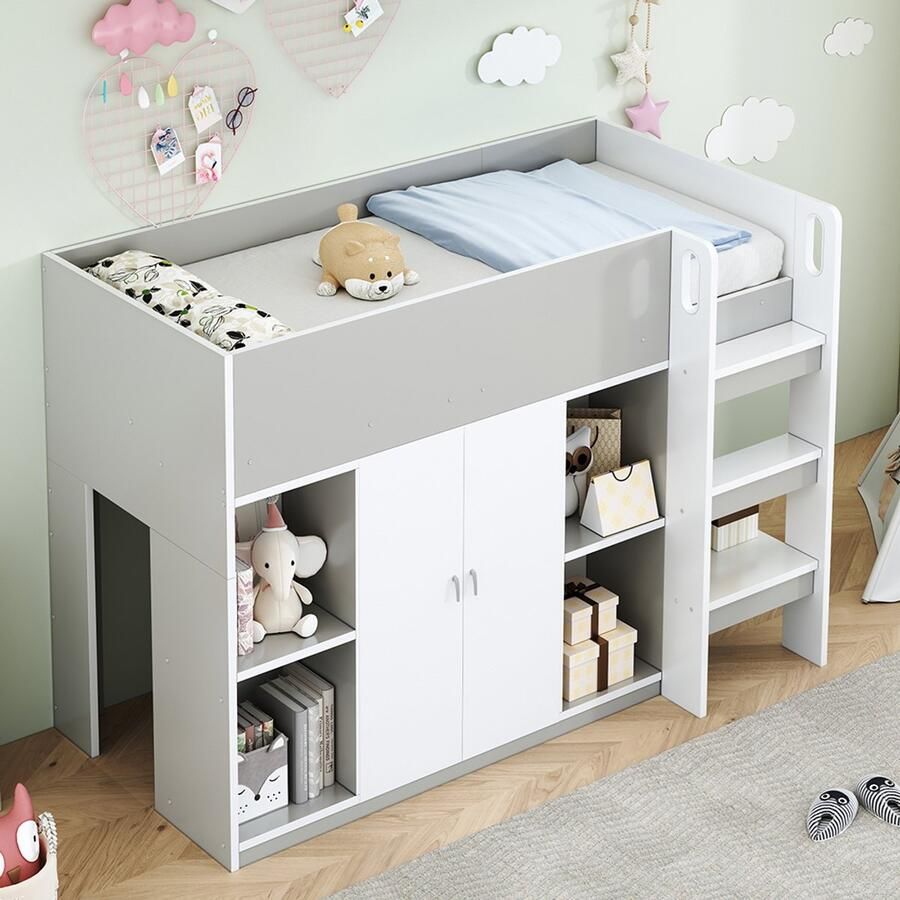 KOMHTOM Multifunctioneel stapelbed 90*200 met opbergruimte kast en planken – kinderbed met ladder en stabiele constructie grijs