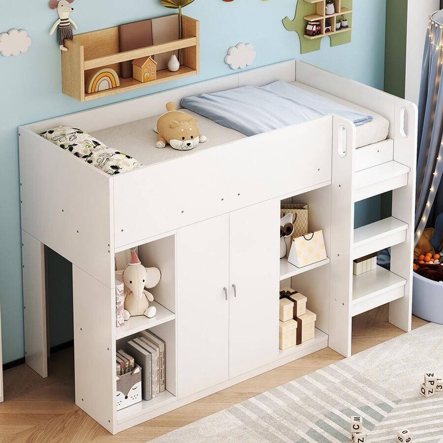 Pugsdrly Multifunctioneel hoogslaper 90*200 met opbergruimte kast en planken – kinderbed met ladder en stabiele constructie Wit