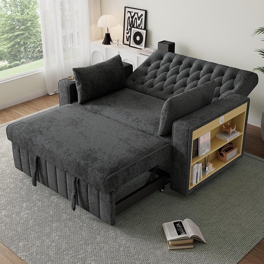 BLACKCOLORS Multifunctionele slaapbank moderne opklapbare bank met opbergruimte en slaapfunctie bekerhouders USB-oplaadpoort en kussens ruimtebesparende bank voor de woonkamer slaapkamer en logeerkamer grijs