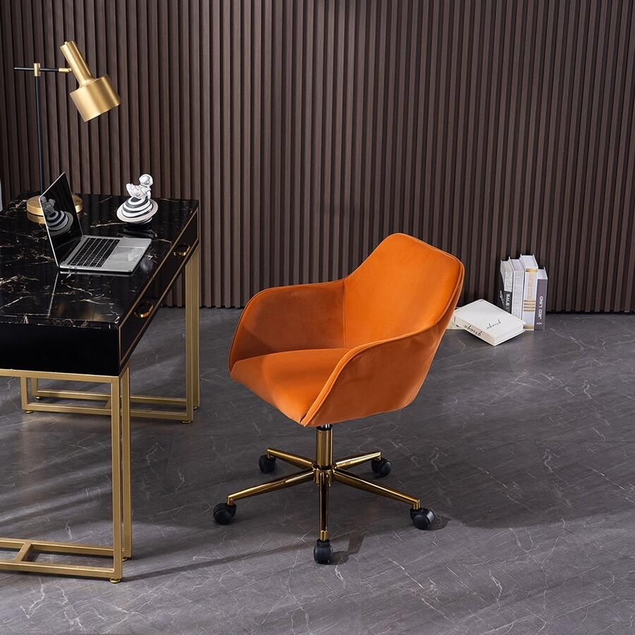 BLACKCOLORS Nieuwe in hoogte verstelbare bureaustoel in fluweel voor binnengebruik met gouden poten oranje