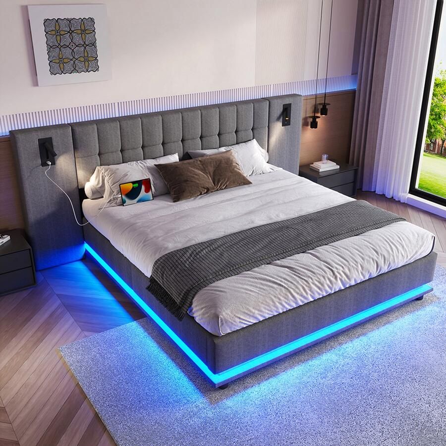 Pugsdrly Opgeklapt bed 180*200 cm met ledstrip hoofdeinde met spot met USB zonder matras linnen grijs