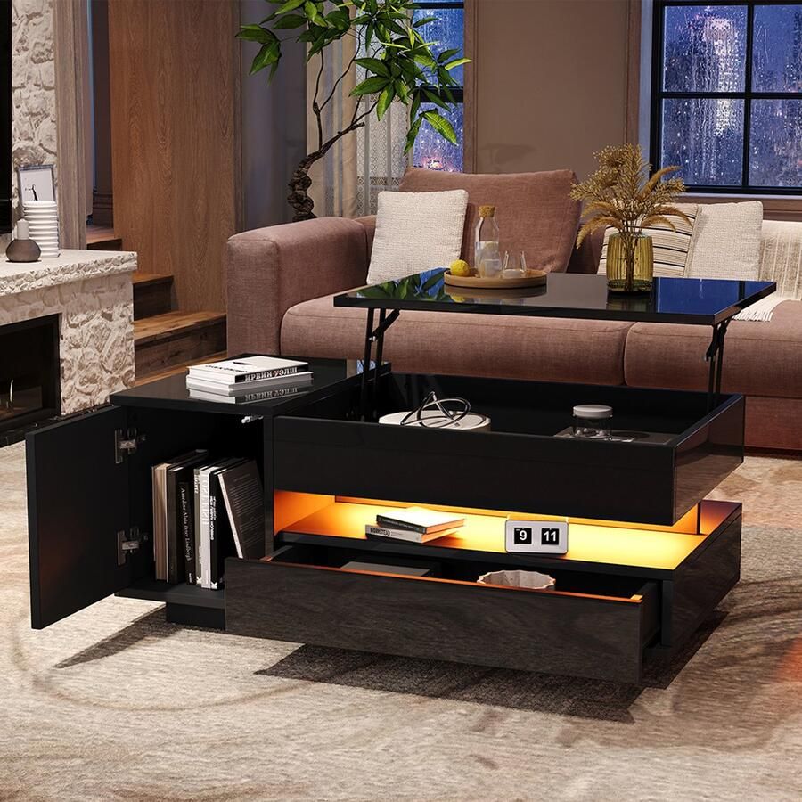 BLACKCOLORS Opklapbare salontafel 95*50*34 5 cm salontafel bijzettafel salontafel met 1 lade 1 kast salontafel met LED-verlichting glanzende salontafel met verborgen opbergruimte met halfopen opbergruimte zwart