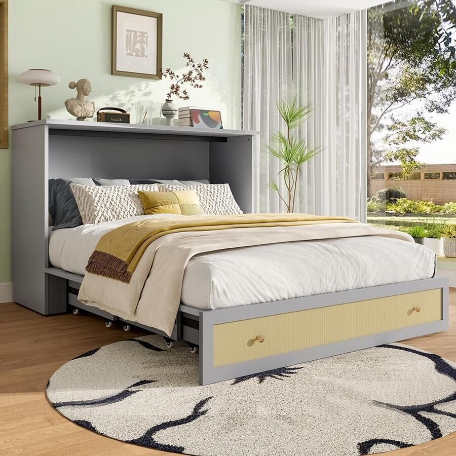 Pugsdrly Opklapbed 140 x 200 mobiel opklapbed met lades aan het voeteneinde en plank aan het hoofdeinde met USB-poort en stopcontact omvormbaar platformbed zonder matras grijs