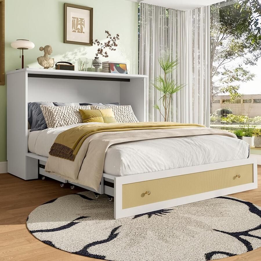 Pugsdrly Opklapbed 140 x 200 mobiel opklapbed met lades aan het voeteneinde en plank aan het hoofdeinde met USB-aansluiting en stopcontact omvormbaar platformbed zonder matras wit