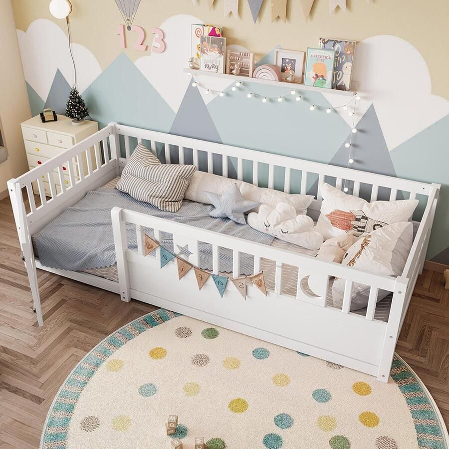 Pugsdrly Paneelbed 90 x 190 cm kinderbed met spijlen sterren- en maandecor zonder matras minimalistische stijl wit