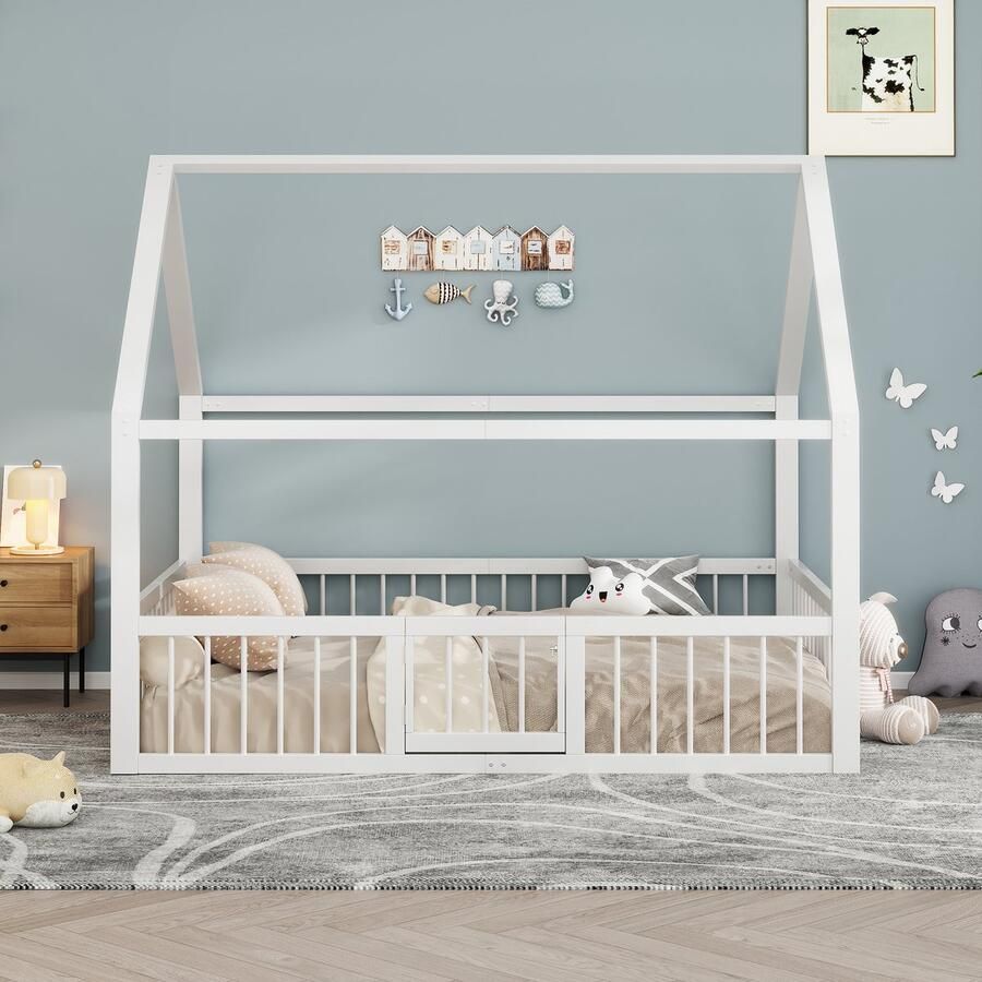 KOMHTOM BLACKCOLORS Platbed 140 x 200 cm Metalen bedframe IJzeren kinderbed Met sierlijsten en reling Wit Zonder matras - Foto 2