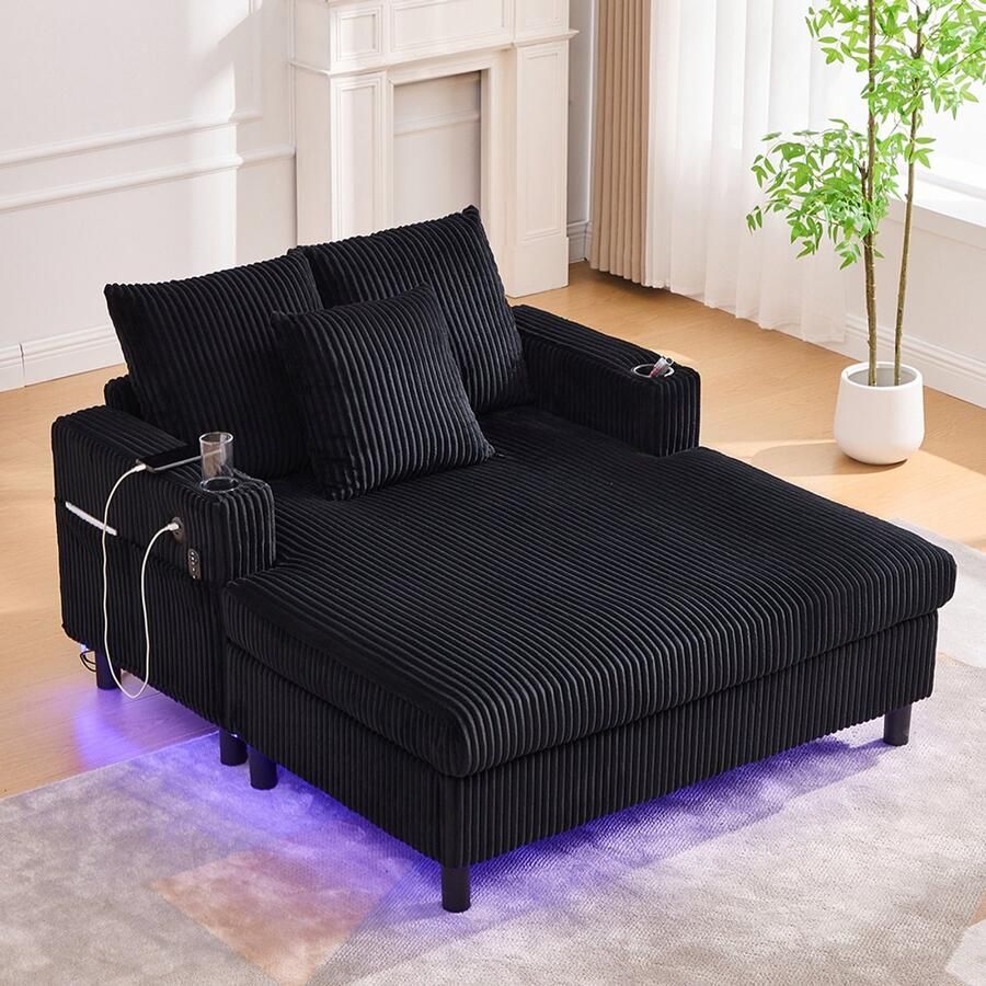 BLACKCOLORS Ruime en zachte fauteuil met ligbed zijdelingse bekerhouders USB-poorten geïntegreerde sfeerverlichting met LED's – perfect voor in de woonkamer slaapkamer of serre
