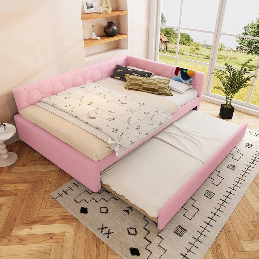 KOMHTOM Rustbed 140*200 cm Rustbed slaapbank bed met lattenbodem (zonder matras) met bedlampje met multifunctioneel uitschuifbed USB-poort type C comfortabel materiaal imitatie fleece roze