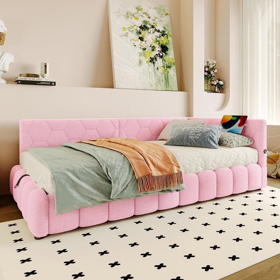 Pugsdrly Rustbed 90*200 cm Rustbed slaapbank bed met lattenbodem (zonder matras) met LED-lichtstrip met hydraulisch hefmechanisme USB-poort type C comfortabel materiaal imitatie fleece roze