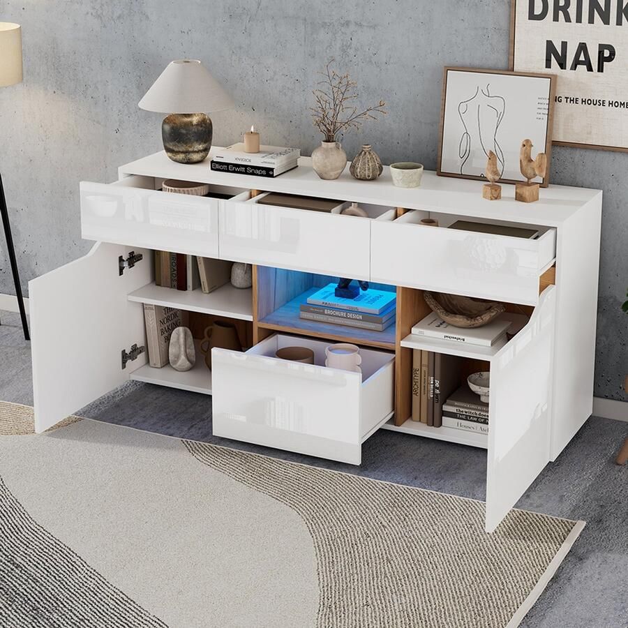 BLACKCOLORS Salonbuffet 140*40*70 cm buffetten met 4 laden kast met twee compartimenten brede ladekast zonder handgrepen multifunctioneel bijzetmeubel voor glanzende bank met ledverlichting wit + houtkleur