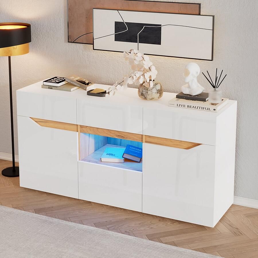 KOMHTOM BLACKCOLORS Salonbuffet 140*40*70 cm buffetten met 4 laden kast met twee compartimenten brede ladekast zonder handgrepen multifunctioneel bijzetmeubel voor glanzende bank met ledverlichting wit + houtkleur