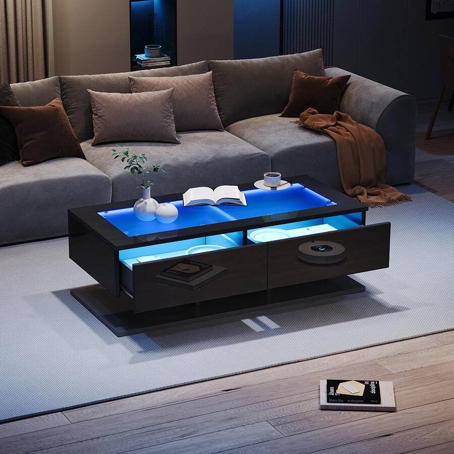 BLACKCOLORS Salontafel 100*50*35 cm glanzende salontafel met lades salontafel met LED-verlichting glazen blad zwart