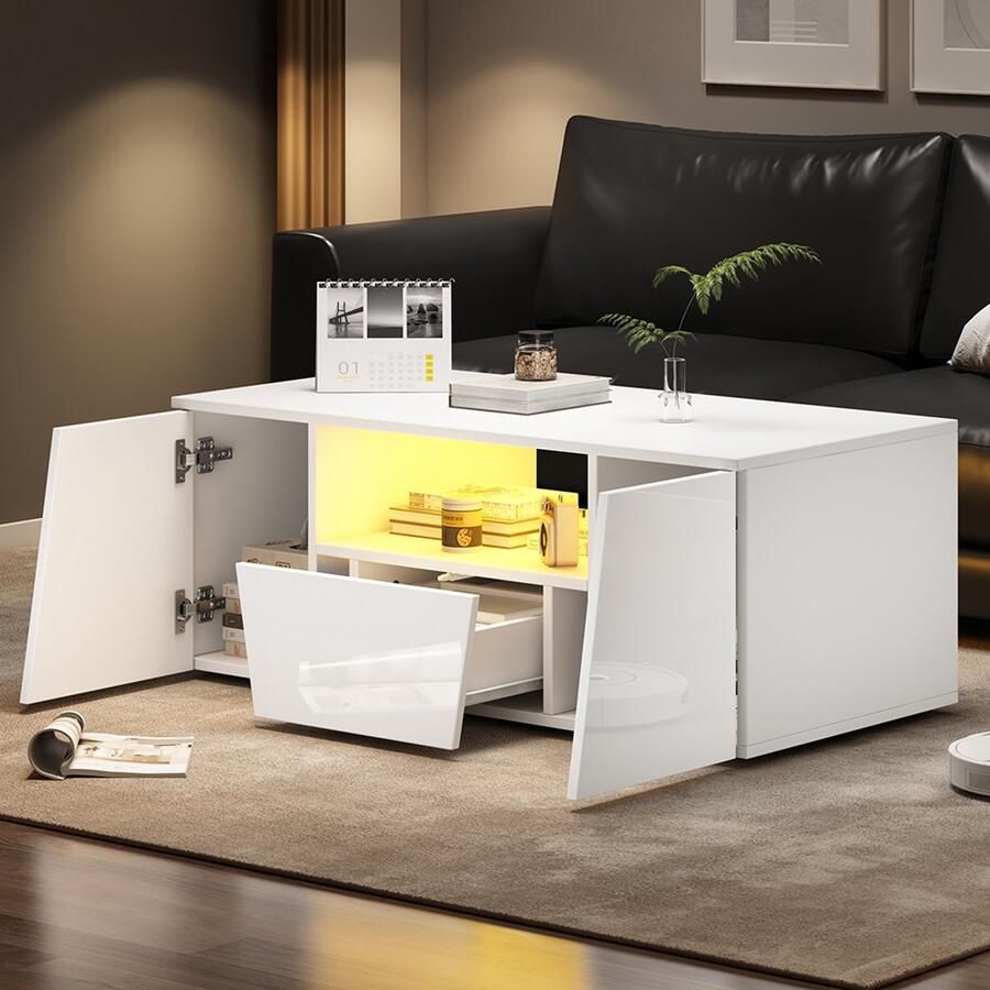 BLACKCOLORS Salontafel 100*50*40 cm salontafel met ledverlichting glanzende salontafel met 2 kasten bijzettafel salontafel met 1 lade onregelmatig ontwerp wit