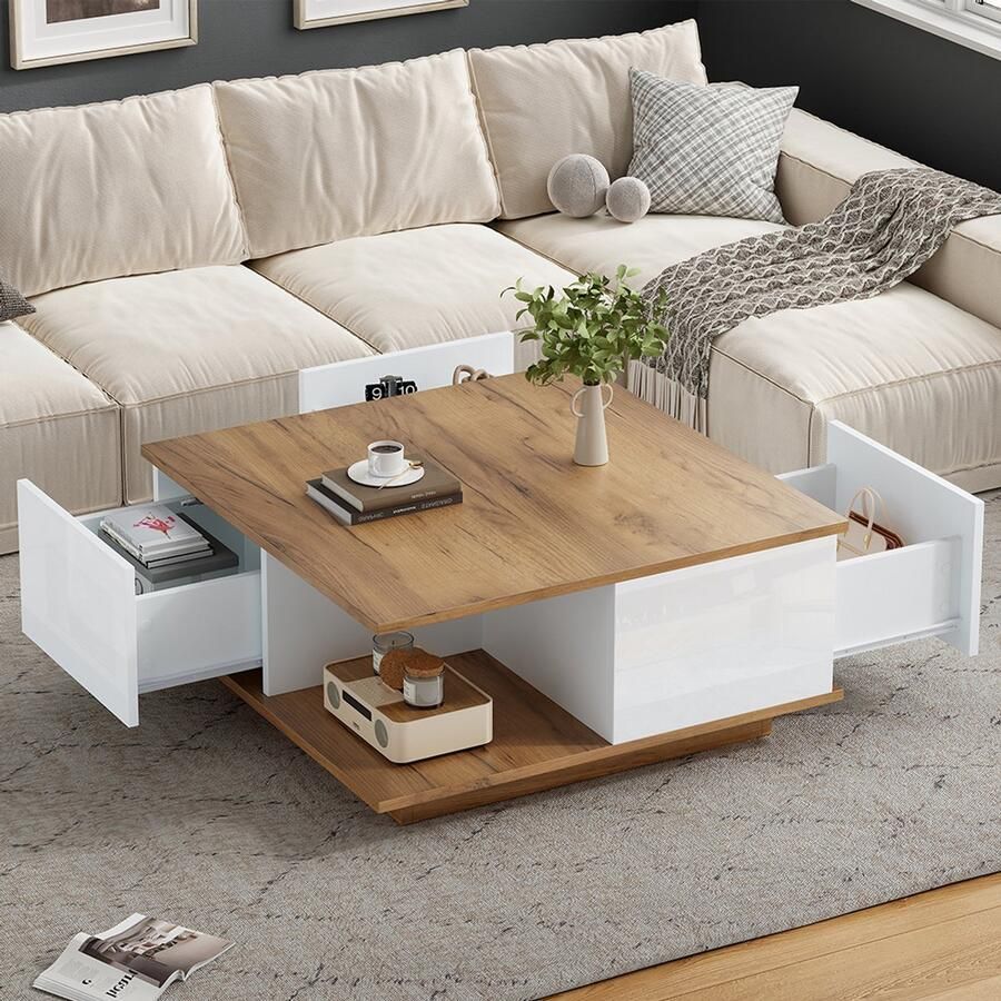 BLACKCOLORS Salontafel 70 x 70 x 31 5 cm met 3 lades geometrische salontafel glanzende salontafel bijzettafel geschikt voor kleine ruimtes wit + originele houtkleur