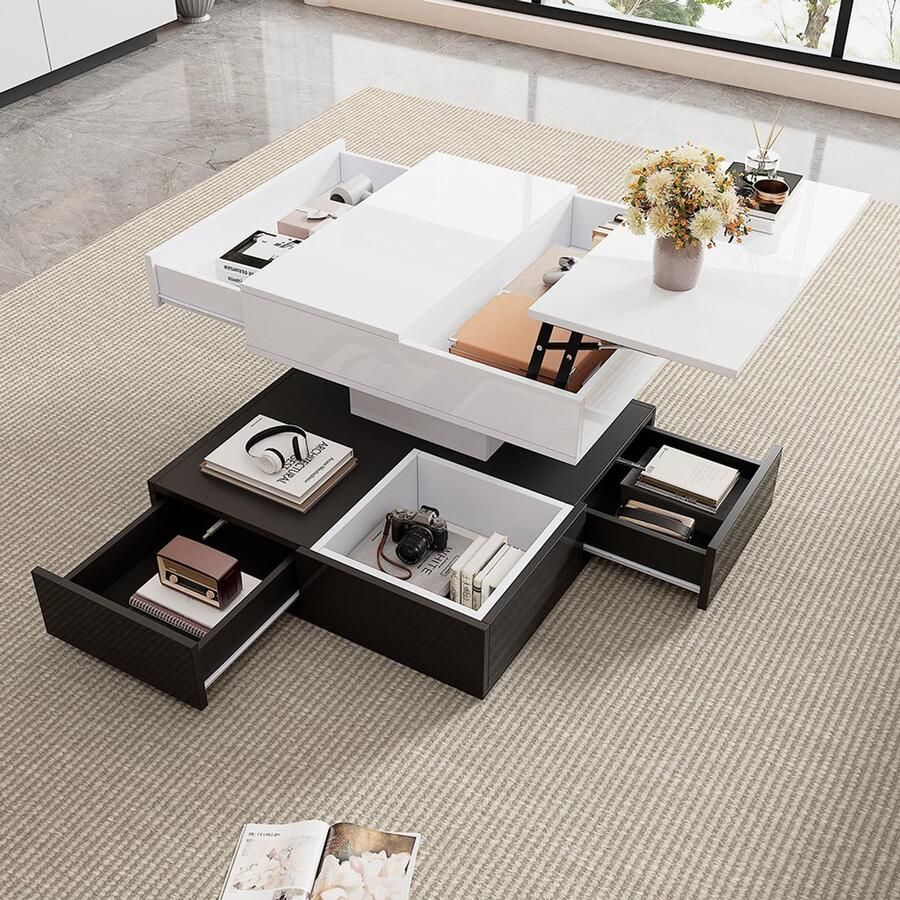 BLACKCOLORS Salontafel 70*70*40 cm met 360° draaibaar blad dubbellaagse salontafel met 3 lades geometrische glanzende salontafel opklapbare salontafel bijzettafel met opbergruimte wit + zwart