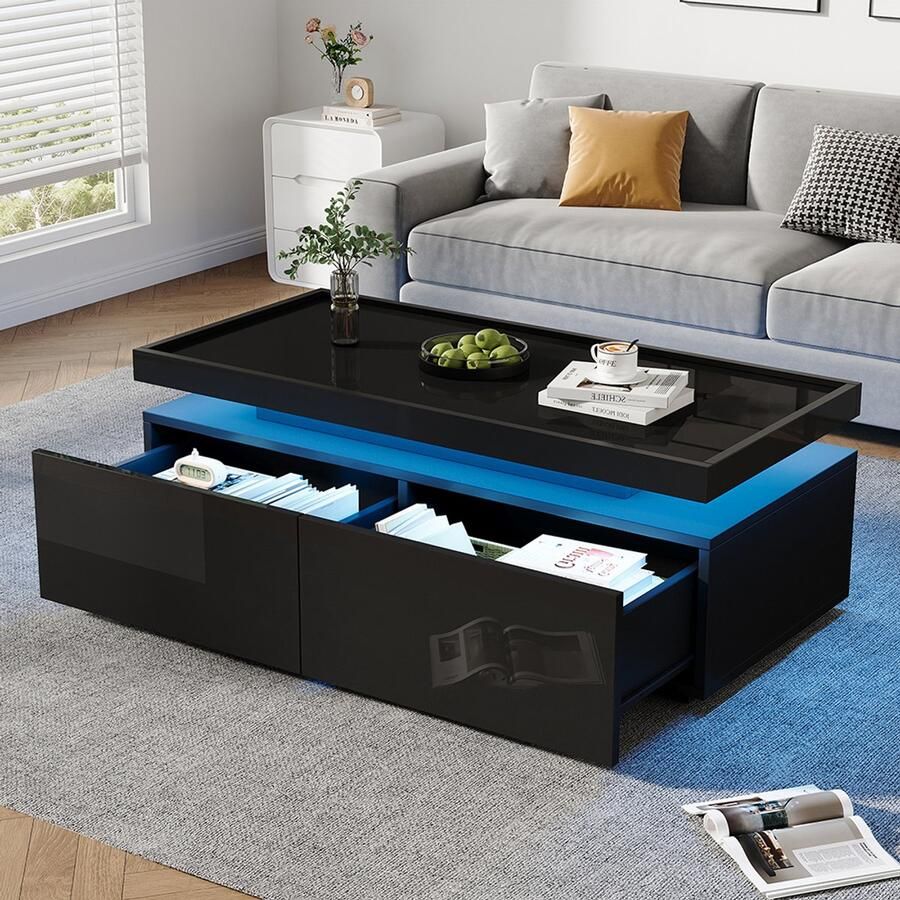 BLACKCOLORS Salontafel 95*45*35 cm salontafel met LED salontafel met 2 lades glanzende salontafel moderne minimalistische tafel bijzettafel met geometrisch ontwerp zwart