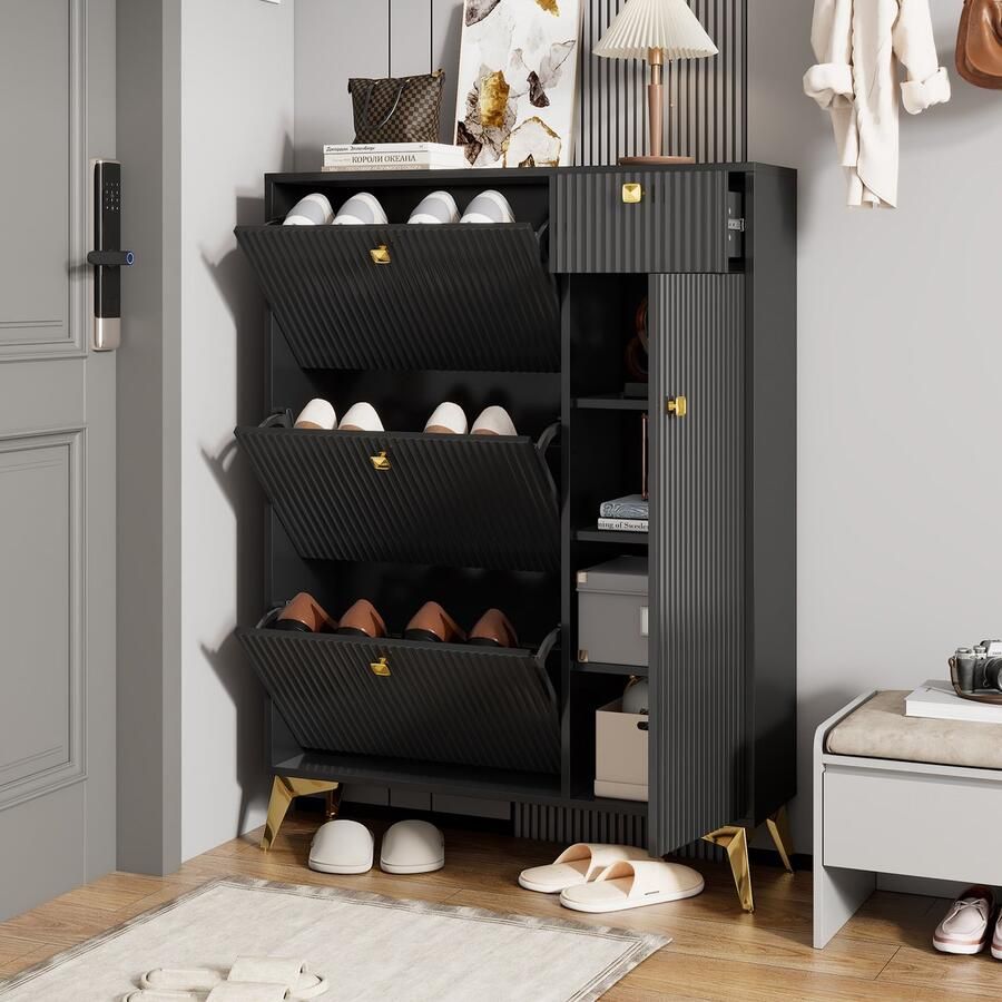 BLACKCOLORS Schoenenkast met 3 kleppen 1 lade en 1 deur schoenenrek smalle schoenenkast zwart. Afmetingen: H 121 cm B 90 cm D 25 cm