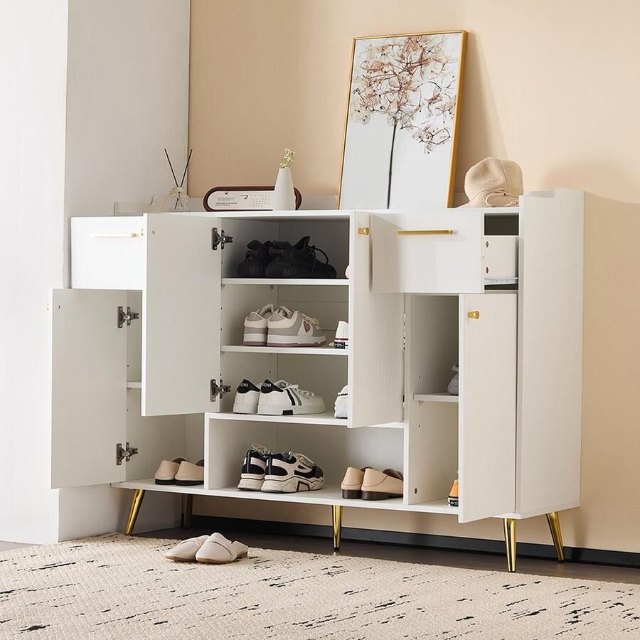 BLACKCOLORS Schoenenkast schoenenrek met 2 lades en 4 deuren metalen poten afmetingen: L130 P37 H100 wit