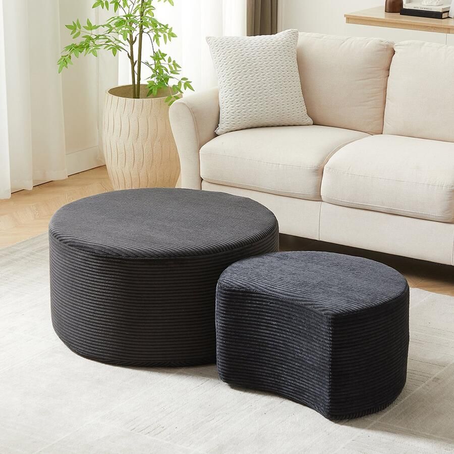 BLACKCOLORS Set van 2 salontafels ronde gestoffeerde salontafels set van 2 voor de woonkamer moderne ronde salontafel van schuimrubber bijzettafel poef geen montage nodig