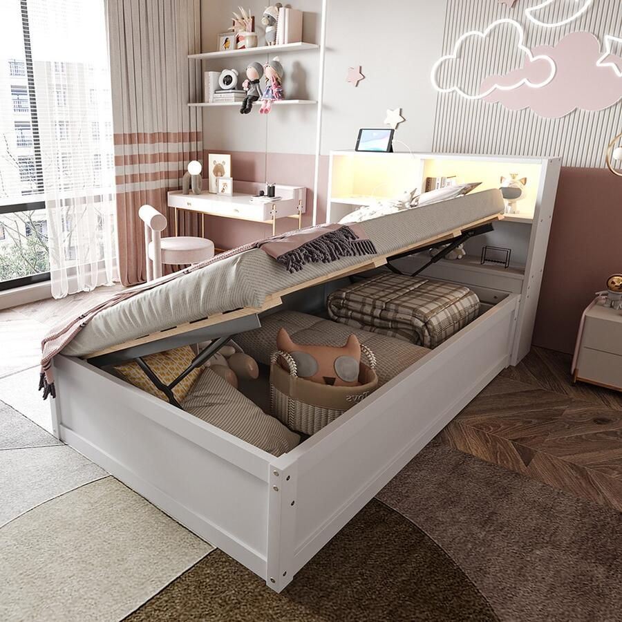 KOMHTOM Slaapbank 90*200 met stekkerdoos en meerdere opbergvakken met lichtstrip hydraulisch bed massief houten bed eenpersoonsbed multifunctioneel houten bed wit