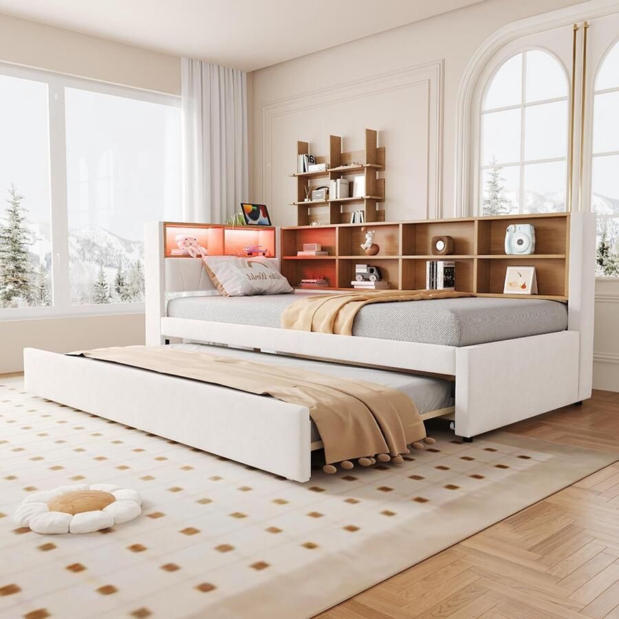 BLACKCOLORS Slaapbank 90x200 cm Uitschuifbed 90x190 cm Voorzien van LED-verlichting Stopcontacten Talrijke opbergvakken Met flanellen bekleding Eénpersoons Beige