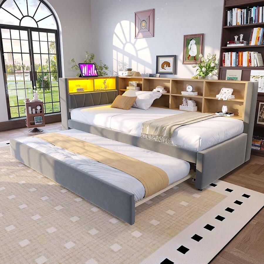 BLACKCOLORS Slaapbank 90x200 cm Uitschuifbed 90x190 cm Voorzien van LED-verlichting Stopcontacten Talrijke opbergvakken Met flanellen bekleding Eénpersoons Donkergrijs