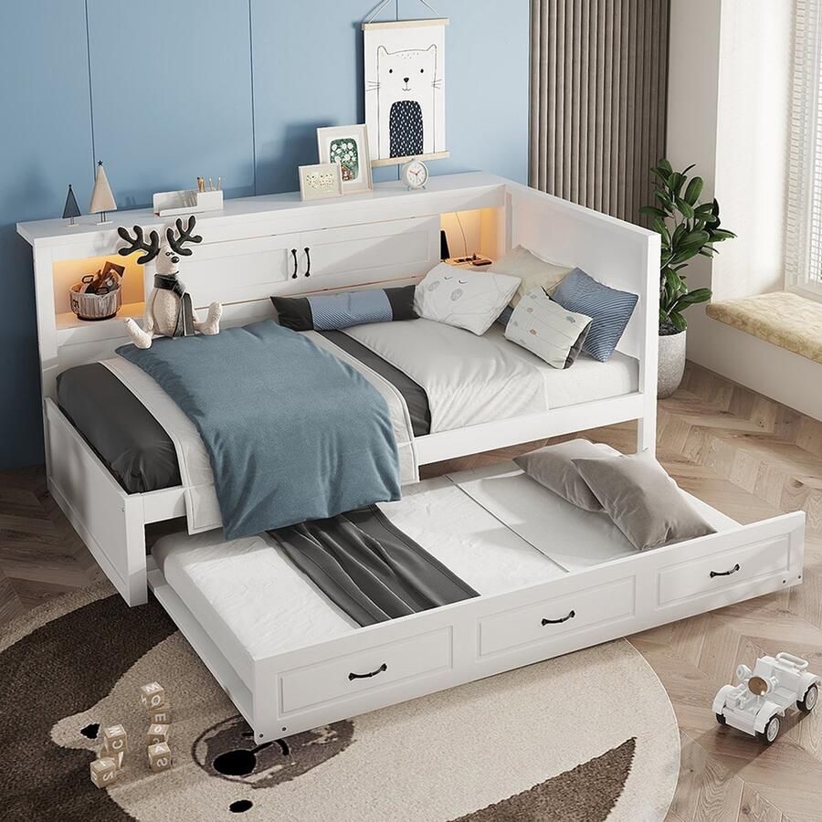 BLACKCOLORS Slaapbank dagbed 90x200cm sfeerverlichting met afstandsbediening opbergvak aan de zijkant van het bed uitschuifbaar bed stopcontact + USB zonder matras wit