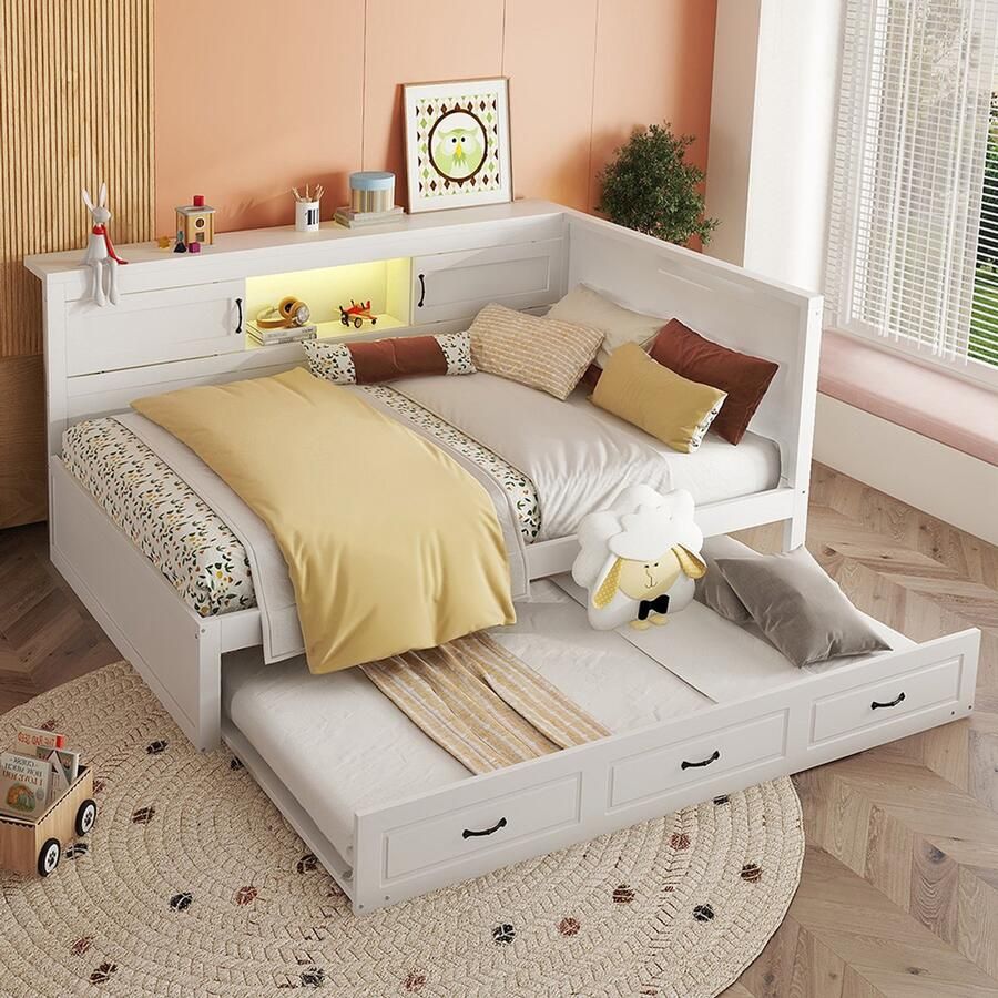 BLACKCOLORS Slaapbank dagbed rustbed 140x200cm sfeerverlichting met afstandsbediening opbergvak aan de zijkant van het bed uitschuifbaar bed stopcontact + USB zonder matras wit