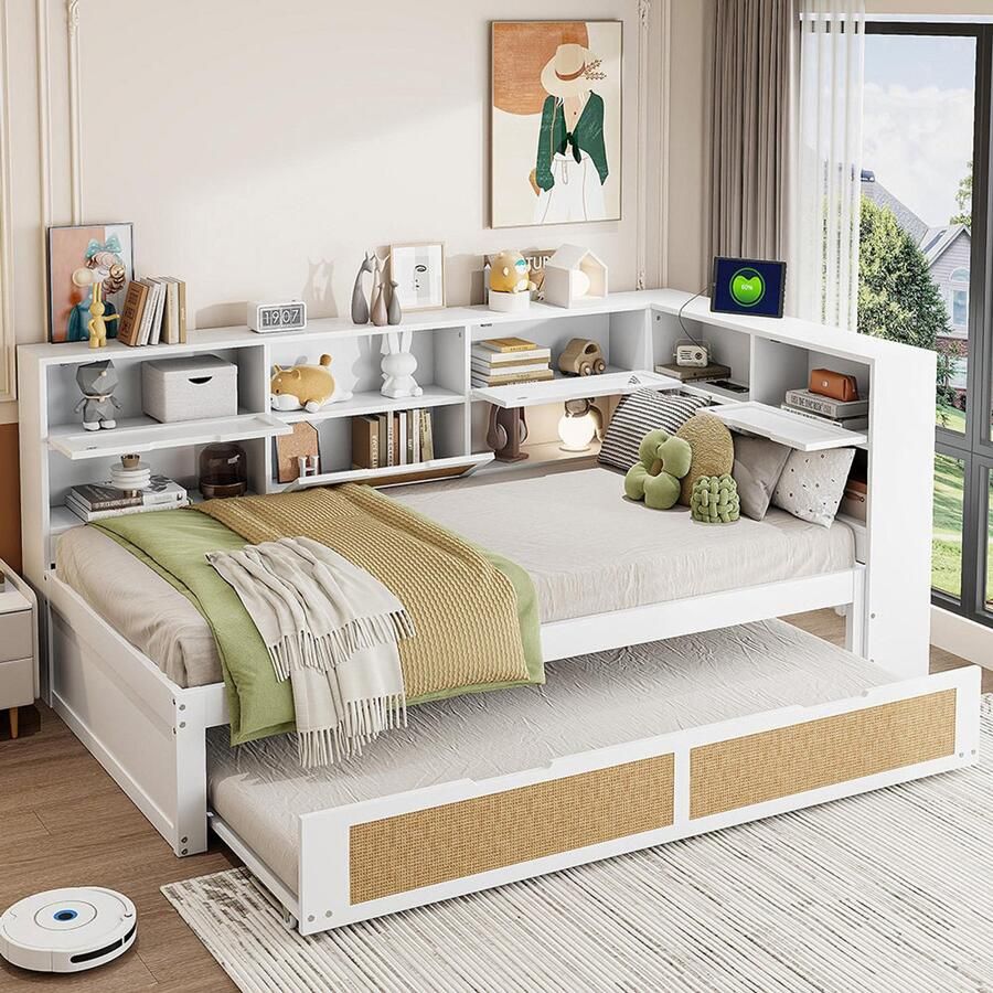 BLACKCOLORS Slaapbank van hout 90*200 met uitschuifbaar bed Multifunctioneel eenpersoonsbed Kinderbed met veel opbergvakken en een oplaadaansluiting Wit