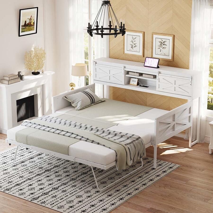 BLACKCOLORS Slaapbank van ijzer 90*200 cm slaapbank met uitschuifbaar bed meerdere opbergvakken en multifunctionele stopcontacten strijkijzer Eenpersoonsbed bed voor tieners wit