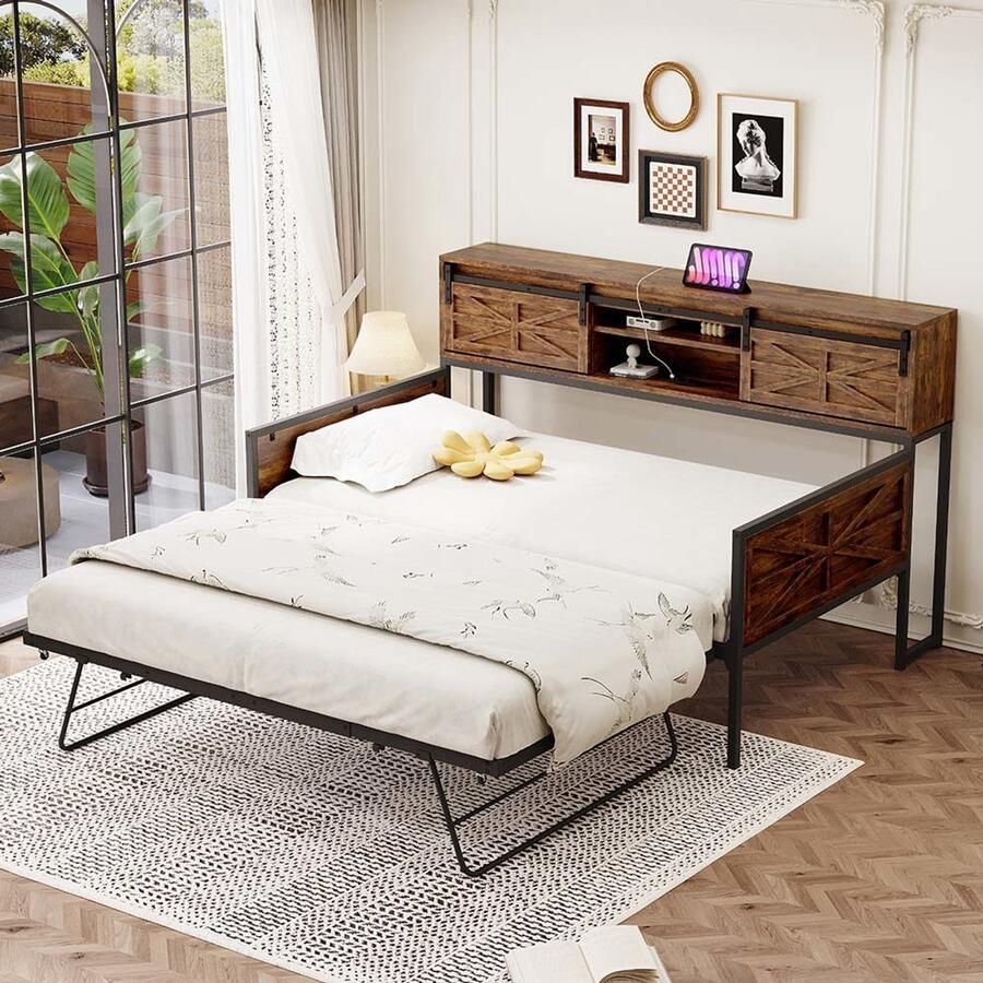 Pugsdrly Slaapbank van ijzer 90*200 cm uitschuifbare slaapbank met meerdere opbergvakken en multifunctionele stopcontacten strijkijzer eenpersoonsbed bed voor tieners zwart + bruin