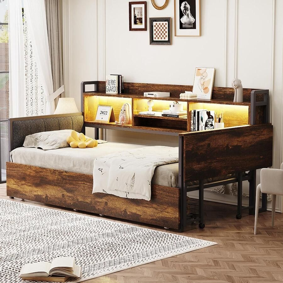 BLACKCOLORS Slaapbank van ijzer 90x200 cm Voorzien van LED-verlichting Opbergruimte Uitschuifbare lades Multifunctioneel stopcontact Opklapbaar bureau Zachte rugleuning Eénpersoons Houtkleurig
