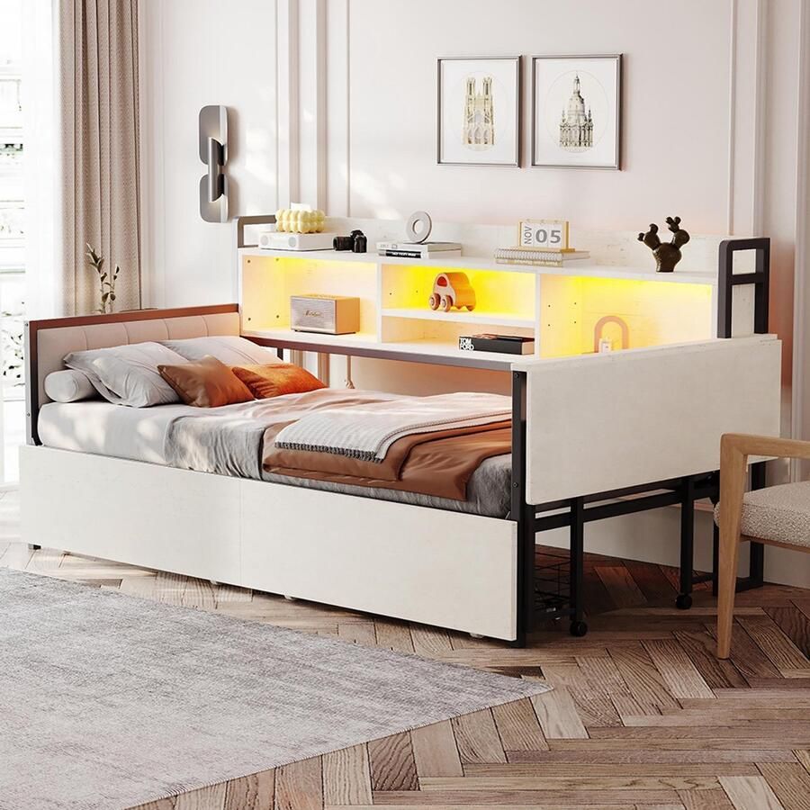 BLACKCOLORS Slaapbank van ijzer 90x200 cm Voorzien van LED-verlichting Opbergruimte Uitschuifbare lades Multifunctioneel stopcontact Opklapbaar bureau Zachte rugleuning Eénpersoons Wit