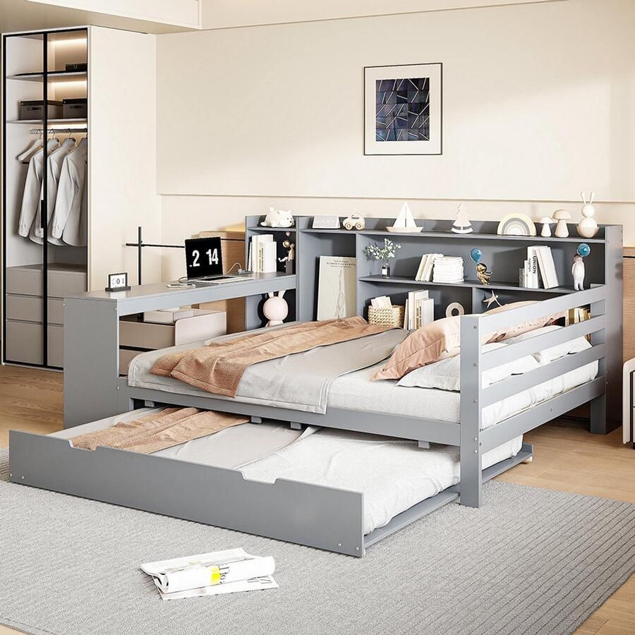 BLACKCOLORS Slaapbank van massief hout 140x200 cm met bureau opbergvakken en planken met stopcontacten uitschuifbaar bed onder het bed multifunctioneel tweepersoonsbed van grijs hout